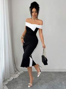 Selianne 优雅新款夏季女装连衣裙，撞色简约日常露肩修身开衩露肩中长连衣裙，黑白连衣裙，女士夏季连衣裙 - 黑與白 - 查看 5