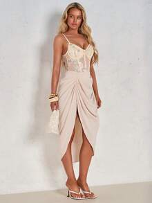 SHEIN Glamour Women's Sleeveless Bodysuit With Spaghetti Straps And Fishbone Seam, Fitted And Fashionable - Light Yellow - View 5