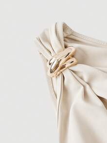 SHEIN MOD 女士优雅简约纯色不对称领口荷叶边腰身中长连衣裙，夏季 - 米色 - 查看 5