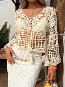 DAZY 女士钩针镂空波西米亚风罩衫，夏季度假必备 - 米色 - 查看 3