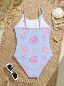 Blue Background Pink Shell Print Girls Elastic Woven One-Piece Swimsuit, Beach Vacation - Multicolor - View 2