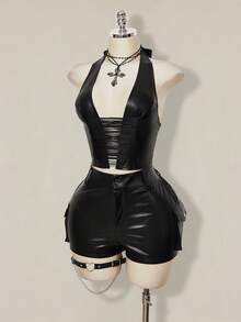 SHEIN ICON Y2k Women's Goth Black Concert Club Going Out Coachella PU Leather Halter Tie Backless Tassel Hollow Out Design Fashionable Versatile Top For Dates & Parties, Spring To Summer - Black - View 12