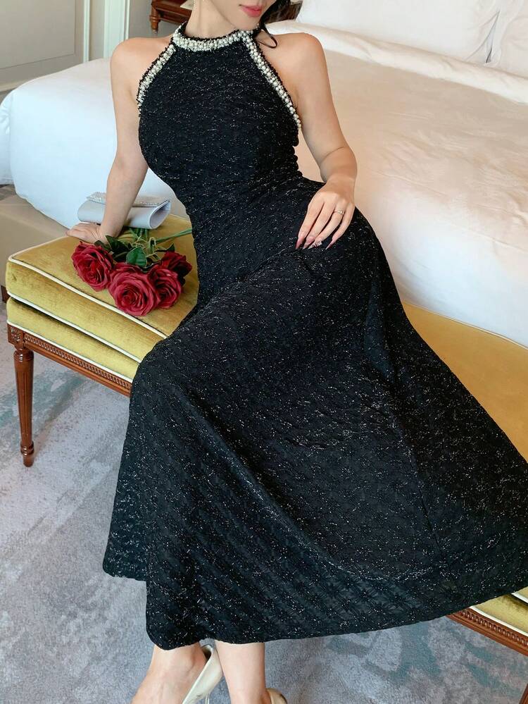 Faux Pearl Decor Sleeveless Halter Sequin Midi Party Dress For Women Wedding Guest Dress Sundress