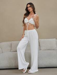 HautHeat Damen Einfarbiges Rüschen-Trim Trägerhemd und Hose Lässig Pyjama Set - Weiss - Übersicht 1