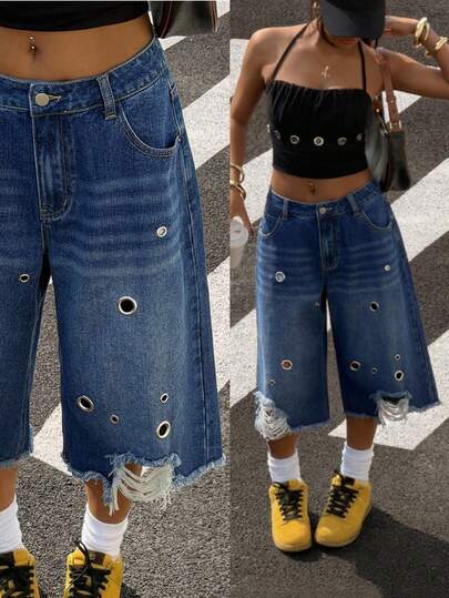 StreetHx Y2K Fashion Casual Street Style Rivet Decor Low Waist 7/8 Length Jeans