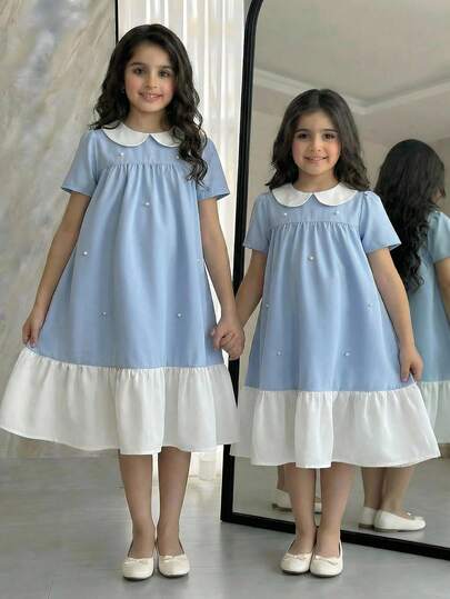 Tween Girl Loose Casual Peter Pan Collar Color Block Pearl Decor Dress