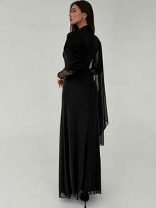 Aloruh Đầm dài tay thanh lịch màu trơn phối lưới xếp ly dành cho nữ - màu đen - Xem 2