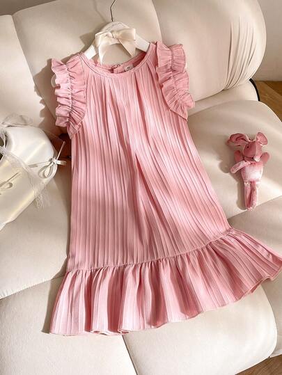 Elladie kids Đầm không tay xếp ly viền bèo nhún dễ thương cho bé gái, trang trí viền bèo nhún nhiều lớp, đầm thường ngày thời trang cho mùa hè, dự tiệc, màu hồng.