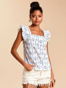 Travachic 女士度假贝壳图案方领短袖衬衫，女士度假休闲套装，适合夏季假期、春假、派对、海滩、春季、情人节、女士情人节、狂欢节服装、优雅、花卉图案、狂欢节、春夏交替、派对、夏季上衣、情人节上衣、女士婚礼宾客上衣、生日上衣、派对上衣、女士优雅上衣、花卉图案上衣、夏季上衣、狂欢节服装、女士墨西哥风情波西米亚风上衣 - 藍白色 - 查看 2