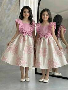 SHEIN Tween Girl Elegant Square Neck Ruffle Solid Color Patchwork Jacquard Fabric Dress Tween Girl - Pink - View 6