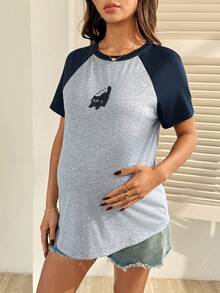 SHEIN 孕妇字母和卡通猫印花撞色插肩短袖休闲T恤 - 彩色 - 查看 5