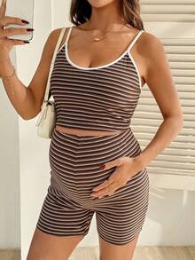 SHEIN 2pcs Maternity Striped Camisole Top And Adjustable Waist Shorts Casual Set - Brown - View 5