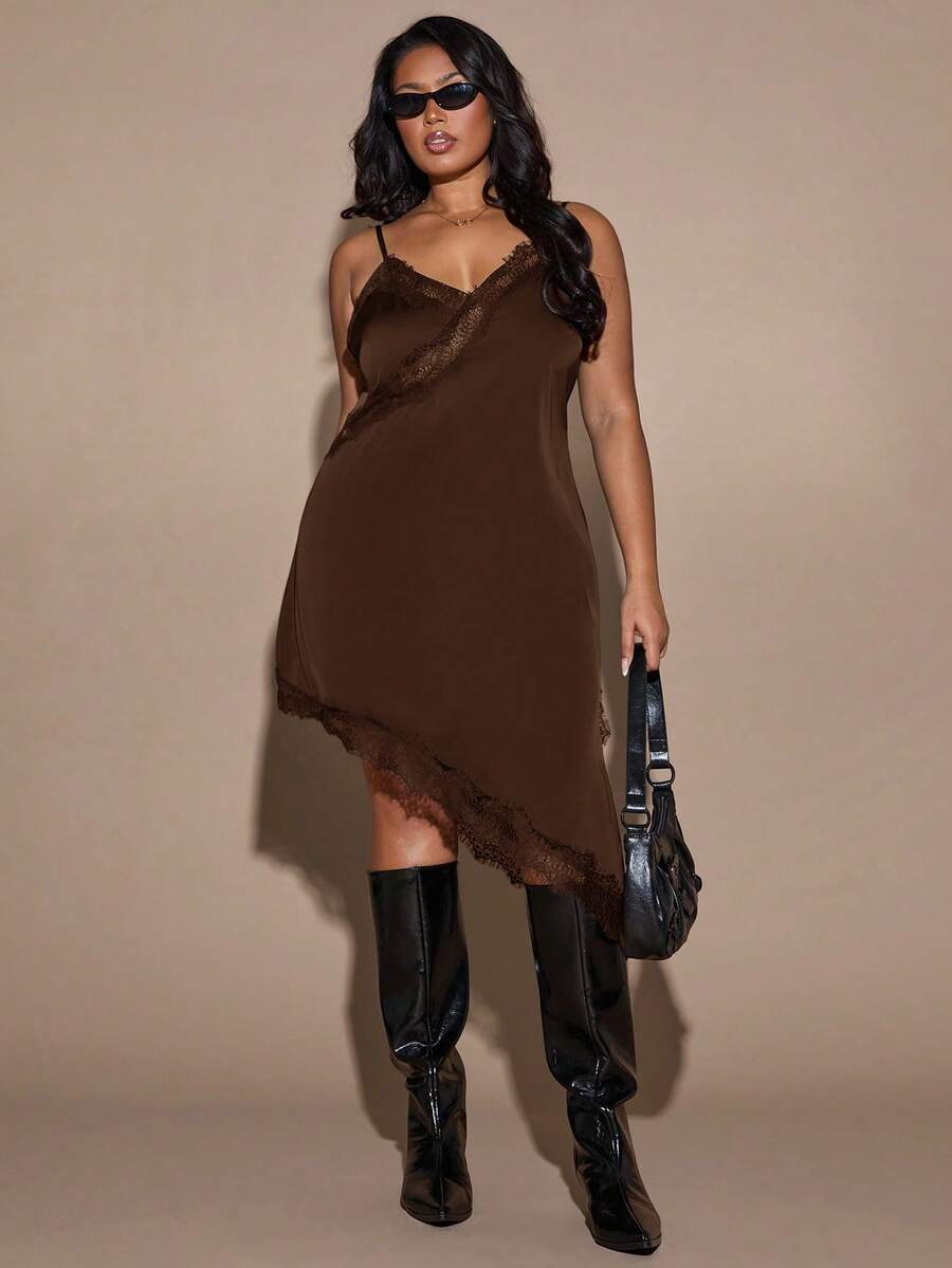 SHEIN BAE 大码宽松方肩修身半身裙垂褶环扣细节T恤裙街头风可爱优雅休闲性感秋季外出太妃糖色鸡尾酒裙，适合圣诞节、情人节、感恩节等场合，优雅连衣裙，棕色连衣裙 - 咖啡棕 - 查看 1