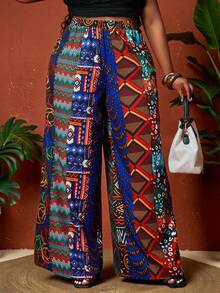 SHEIN CURVE+ Curve 尺码 US22 音乐节、海滨度假、波西米亚风 2026 春夏新款度假风多色图案元素印花宽松加长女裤 - 彩色 - 查看 6