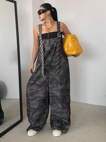 SHEIN CURVE+ Bộ jumpsuit cỡ lớn dành cho nữ, họa tiết rằn ri, dây đeo, sọc phối màu tương phản, túi hai bên, phong cách đường phố năng động, phù hợp cho kỳ nghỉ, hẹn hò và tiệc tùng. - xanh quân đội - Xem 8