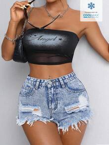 SHEIN ICON Plus Size Women Distressed Pocket Frayed Hem Casual Washed Denim Shorts, Versatile For Summer - Light Wash - View 3