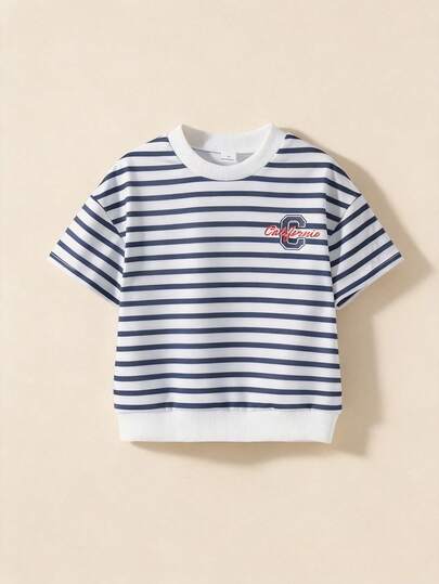 Camiseta casual de manga corta y cuello redondo a rayas para niñas, versátil para el verano