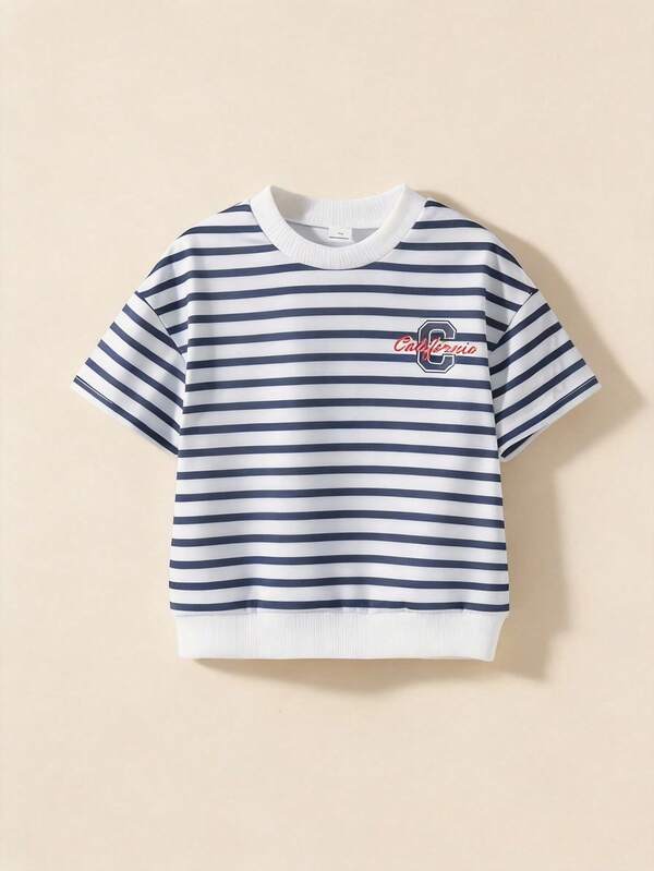 女童圆领短袖条纹休闲T恤，夏季百搭