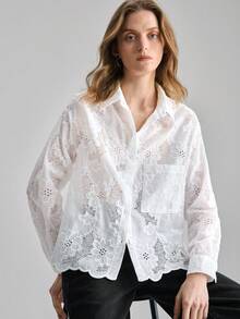 Ontre 2026SS New Women's Embroidered Long Sleeve Shirt, Suitable For Modern Urban Parties, Back To School Season, Urban Minimalist Casual Daily Wear, Bohemian Style, Vacation, Festivals, Spring Lace Button Up Shirt White Button Up Women - White - View 7