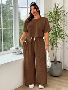 Solflare Chocolate Brown Plus Size Women Crew Neck Short Sleeve Top And Drawstring Waist Wide Leg Pants Casual 2 Piece Set, Summer Outfits - Chocolate Brown - View 4