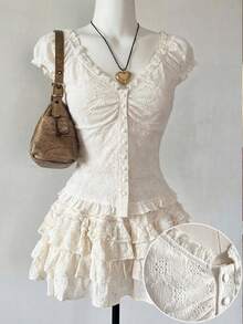 Attitoon 女士蕾丝优雅简约舒适开衫，胸部褶皱设计，露脐吊带背心，适合海滩、派对、婚礼、生日、度假、Y2K风格、时尚、户外等场合。 - 白色 - 查看 2