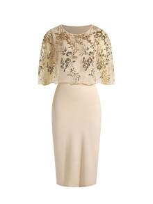 Ellevyn 杏色优雅亮片装饰修身披肩连衣裙 - 杏色 - 查看 3