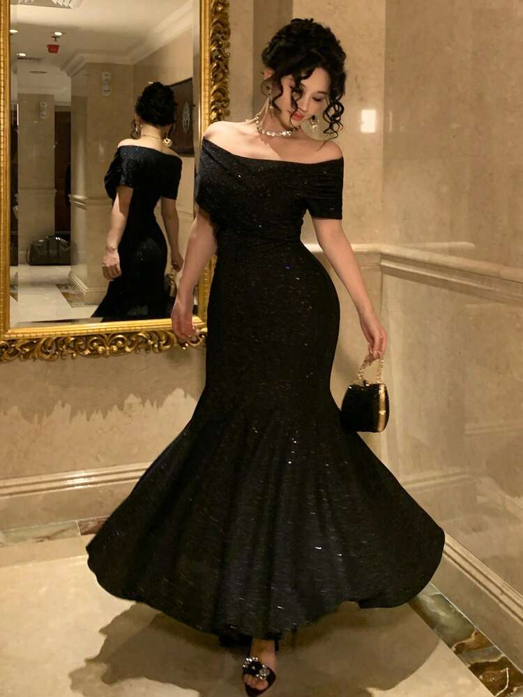 Sequin Mermaid Tail V-Neck Midi Party Dress For Women Wedding Guest Dress Sundress