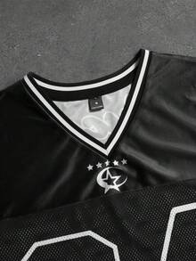 PAVTROS 男士休闲网眼面料数字图案V领短袖T恤，夏季 - 黑色 - 查看 5