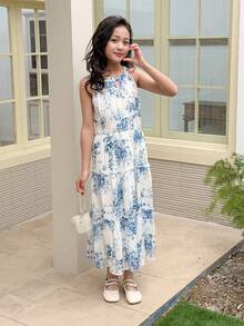 DAZY Tween Girl Floral Print Ruffle Casual Vacation Everyday Dress - Blue - View 4