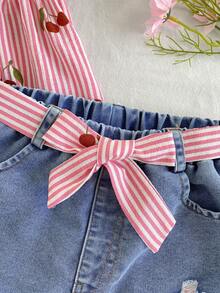 SHEIN Vintaside Kids Girls' Pink Casual Fitted Ruffle Camisole Top & Blue Distressed Denim Shorts 2pcs Set With Plaid Belt, Stylish & Versatile Daily Wear - Pink - View 7