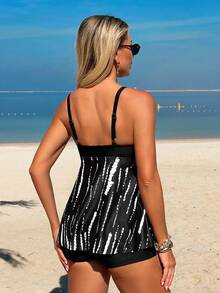 2026Swim Lushoire Women's 2-Piece Set:Black Watercolor Stripe & Tie-Dye Bow Front Dress + Shorts,Summer Casual Vacation Holiday Tummy Control Tankini - Black - View 3