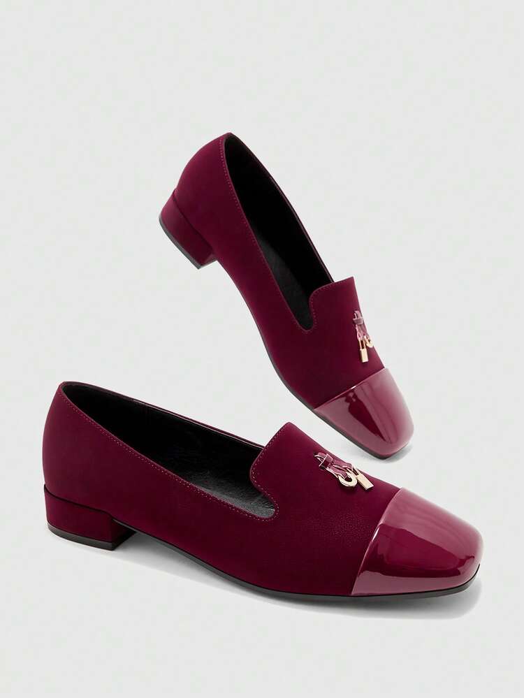 CUCCOO BIZCHIC Women Shoes Women's Fashion Square Toe Low Coarse Heel Burgundy Basic Simple Commuter Versatile Women's Flat Shoes Women's Shoes Valentine's Day Spring Shoes