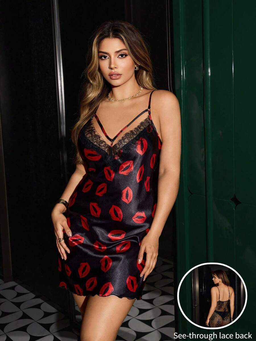 SilkySpell 唇形印花仿丝蕾丝边性感睡裙 - 彩色 - 查看 1