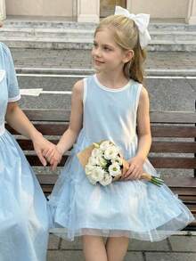 SHEIN Young Girl Heart Print Contrast Mesh Frill Trim Sleeveless Cute Dress - Baby Blue - View 5