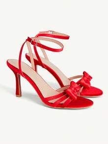 CUCCOO CHICEST 白色水晶装饰蝴蝶结绑带高跟凉鞋，优雅休闲派对约会婚礼场合女鞋 - 紅色絲絨 - 查看 1