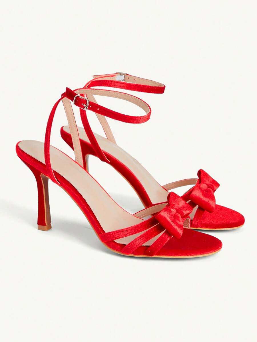 CUCCOO CHICEST 白色水晶装饰蝴蝶结绑带高跟凉鞋，优雅休闲派对约会婚礼场合女鞋 - 紅色絲絨 - 查看 1