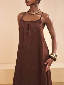 Zivah Đầm chữ A thanh lịch màu nâu, kiểu dáng giản dị, hở lưng, thắt nơ, đính kết, thích hợp cho kỳ nghỉ năm 2026. - màu nâu - Xem 7