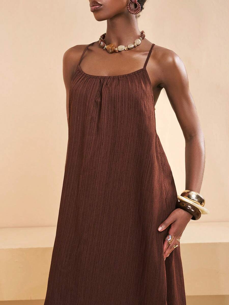 Zivah Đầm chữ A thanh lịch màu nâu, kiểu dáng giản dị, hở lưng, thắt nơ, đính kết, thích hợp cho kỳ nghỉ năm 2026.