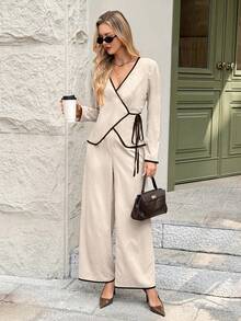 SHEIN Frenchy Casual Multicolor V Neck Wrap Blouse And Long Wide Leg Pants Set For Women Woven Fabric Co-Ords - Multicolor - View 1