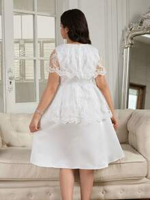 SHEIN Tween Girl Elegant White Lace Patchwork Dress,Summer Flower Girl Wedding Party Modest Ivory Dress For Tweens Teen Young Girl Spring Solid Color - White - View 3