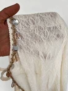 Sweetra Plus Size Bohemian Style Beaded Shell Decor Lace Asymmetrical Hem Camisole - Apricot - View 6