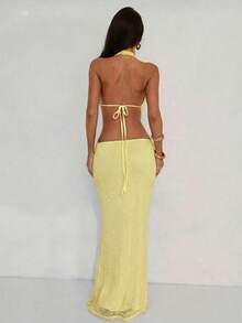 Aloruh 女士度假深V领海星纯色纹理露背高开衩连衣裙 - 黃色 - 查看 2