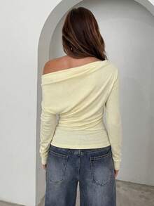 Aloruh 女士优雅性感休闲斜肩紧身上衣，秋季款 - 淡黃色 - 查看 2