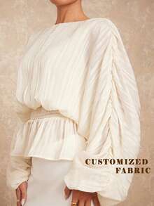 Lumalex Early Spring Boat Neck Puff Sleeve Gathered Waist Elastic Blouse For Women Vacation Birthday Outfits Wedding Guest Wedding Party Summer Holiday Beach Outfits Luxury Look QuietLuxe Prom Gathering Party Banquet Modest Old Money Rave Festival Richly Layered Al-Adha Party - Light Yellow - View 2