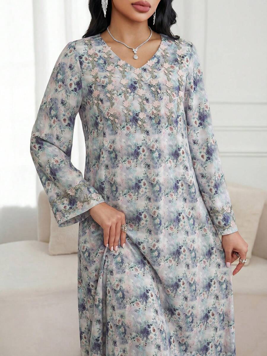 Yasmyna Đầm Ả Rập dáng rộng, dài tay, cổ chữ V in hoa dành cho nữ - Nhiều màu - Xem 1