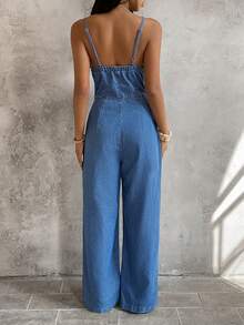 Sunnyshic Tie Front Cami Denim Jumpsuit - Medium Wash - View 4