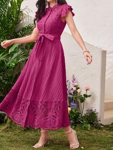 Modelyn 酒红色女士纯色简约日常系带连衣裙长款女装晚礼服 - 玫紅色 - 查看 5