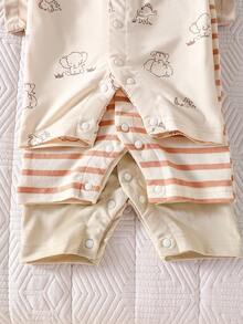 SHEIN 3件套新生儿可爱印花条纹短袖连体衣，夏季新生儿中性套装，中性新生儿服装，中性婴儿服装，男女通用新生儿服装，男女通用短袖婴儿连体衣，中性新生儿服装，新生儿夏季服装 - 彩色 - 查看 8