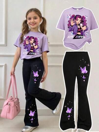 Sparklyn 2pcs/Set Tween Girl' Casual Creative Personalized Fresh Chic Minimalist Stylish Kpop Virtual Girl Group Graphic Printed T-Shirt And Flare Pants Outfit, Comfortable Daily Wear, Suitable For Spring, Summer And Autumn