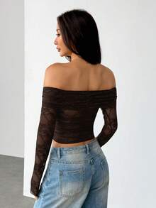 SHEIN PETITE Sexy See-Through Lace Splicing Off Shoulder Long Sleeve T-Shirt For Romantic Valentine's Day Date,Ladies Sexy Ruched,Sheer Regular Sleeve Off The Shoulder Slim Fit Coffee Brown Plain Women Tops,Spring/Fall,Casual Daily Wear - Brown - View 2
